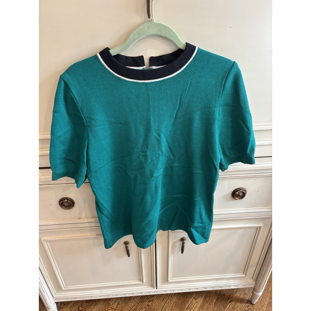 Vintage St. John Short Sleeve Teal Knit Sweater Size Large Made USA Old Money - Picture 1 of 8